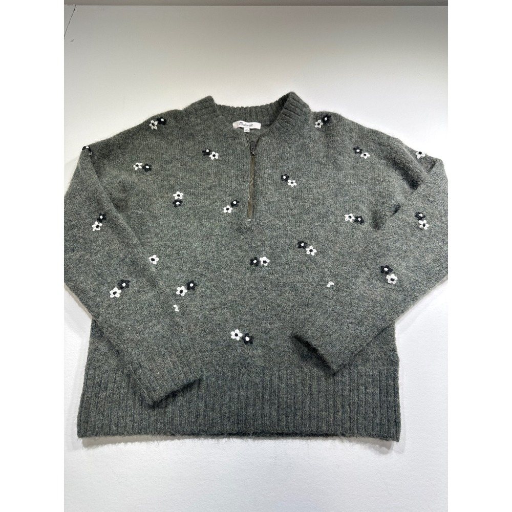 Madewell Womens Gray Floral Embroidered Alpaca Wool Blend Quarter Zip Sweater XS